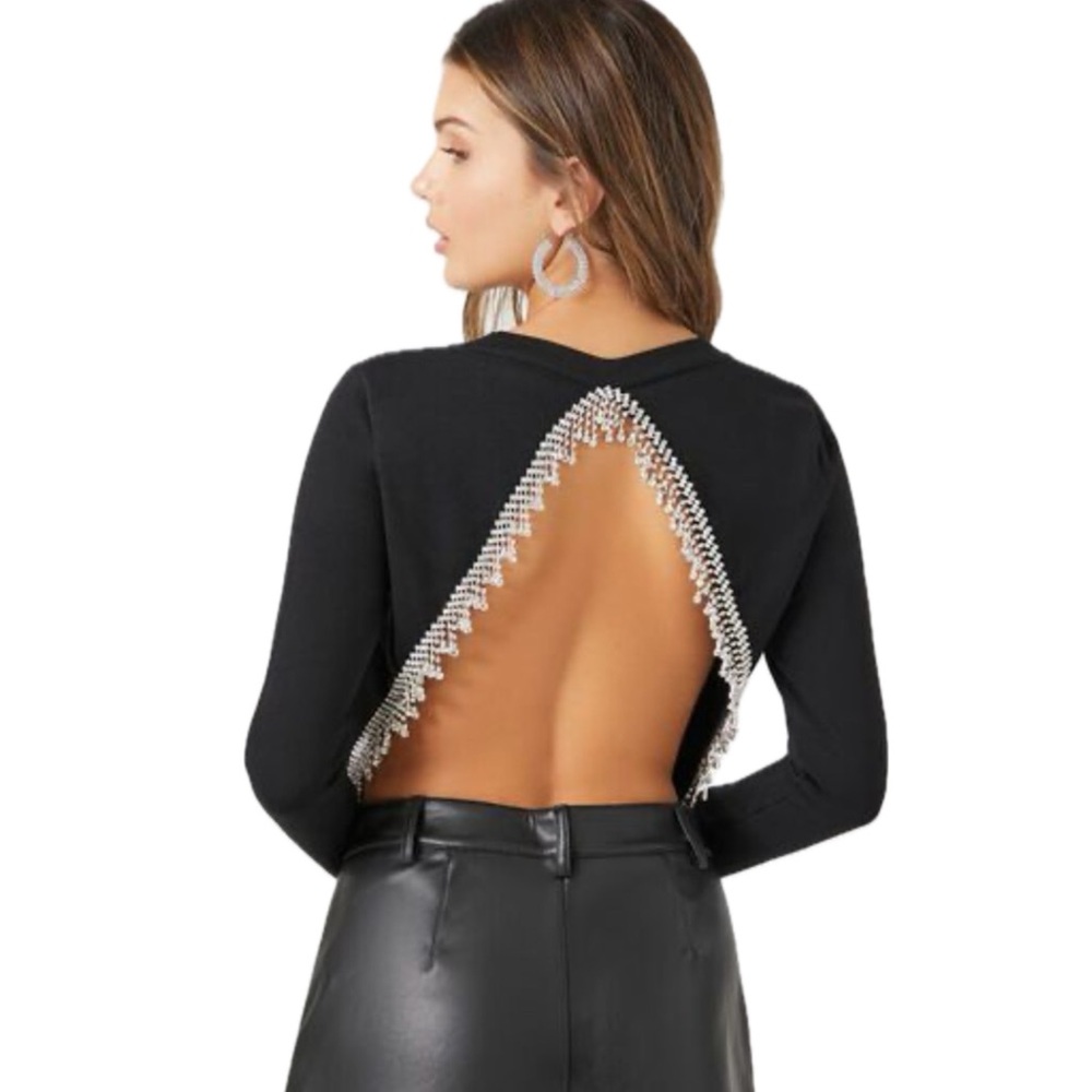 Forever 21 Crystal Rhinestone Open Back Cropped Crewneck Black Sweater Sz L